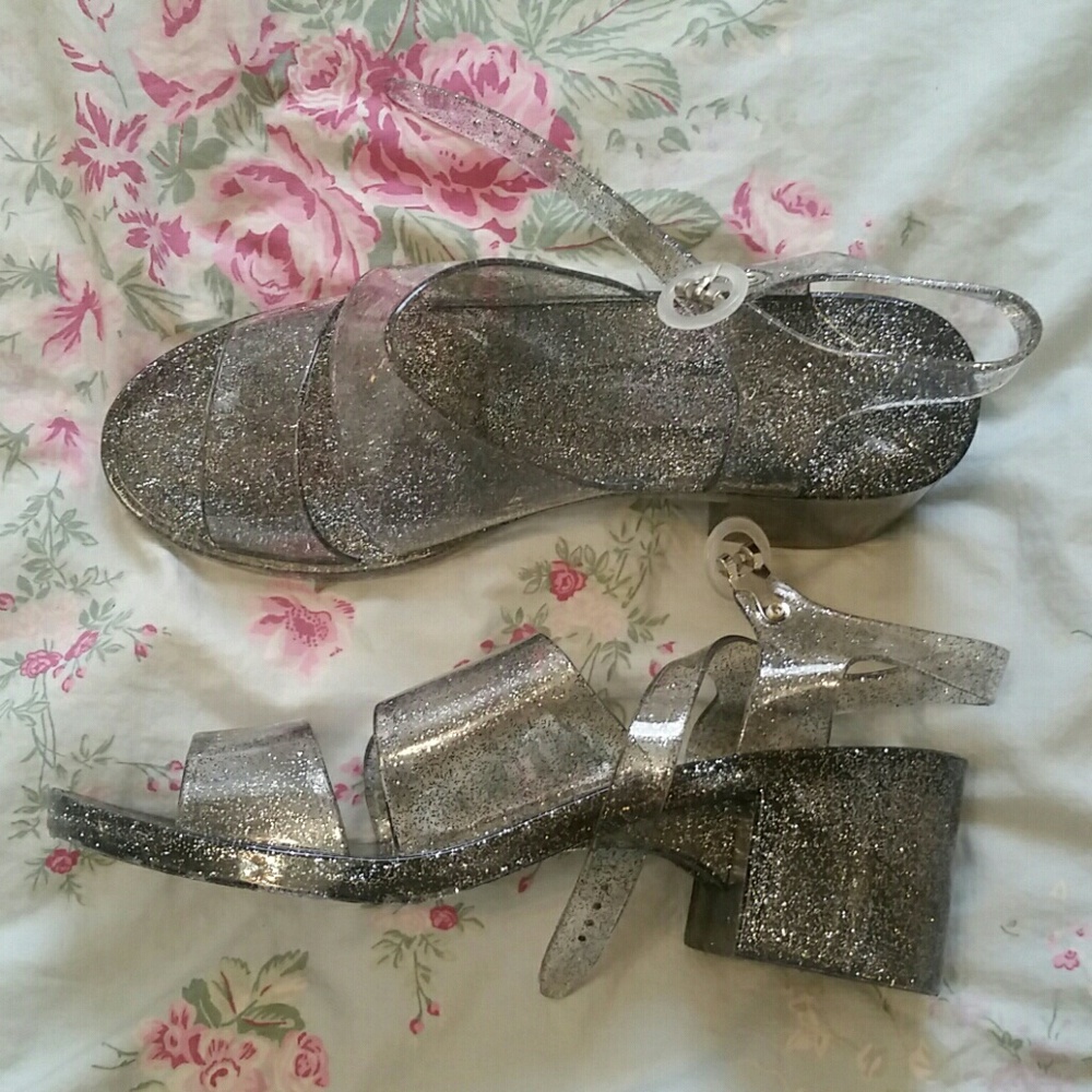 American Apparel Silver Glitter Block Heel Sandals